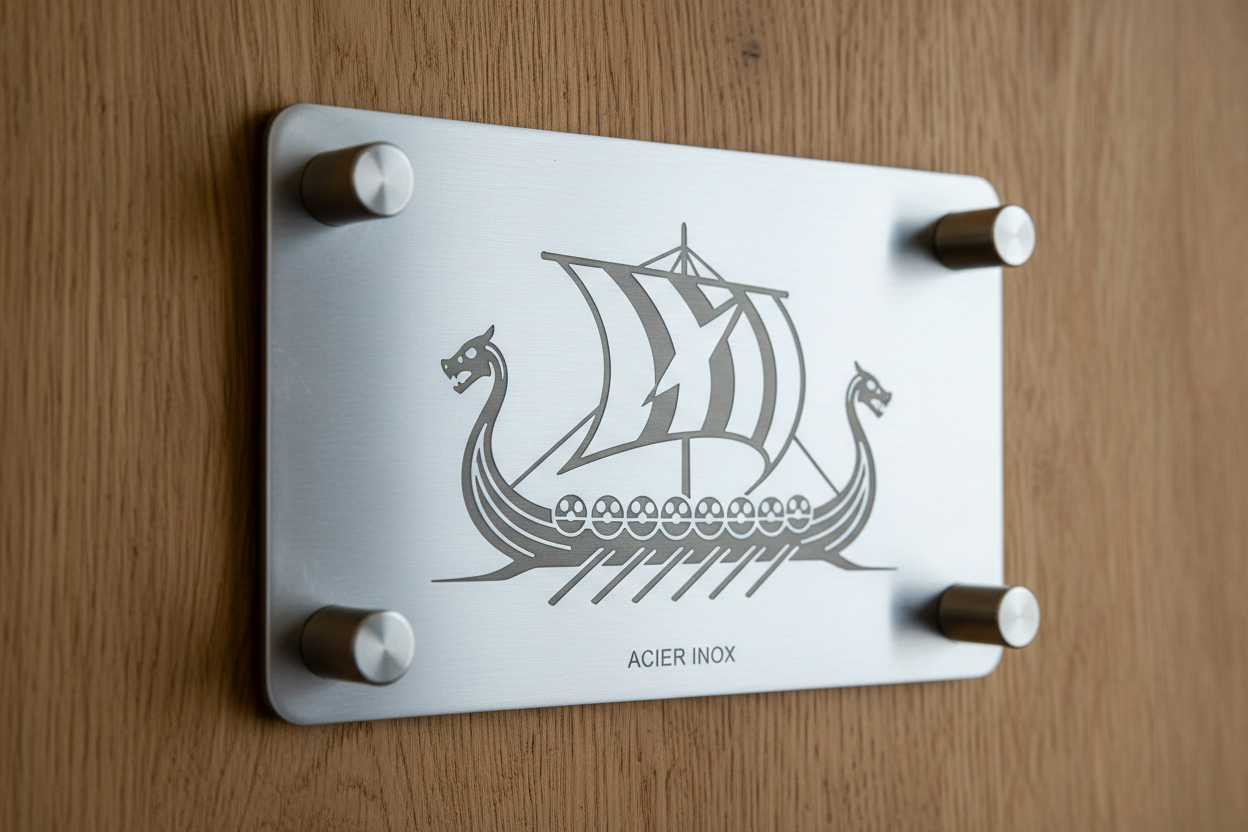 Plaque acier inox sur mur bois, 4 entretoises, drakkar viking stylisé, YCHM