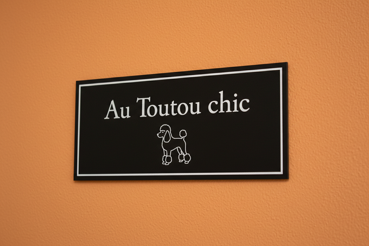 plaque aluminium anodisée noir sur mur orange, gravure blanche, contour d'un chien, Au Toutou chic.